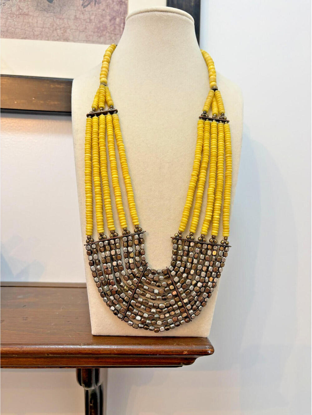 Vintage 90s Yellow & Metal Beaded Cleopatra Style Bib Necklace Boho Tribal 18"